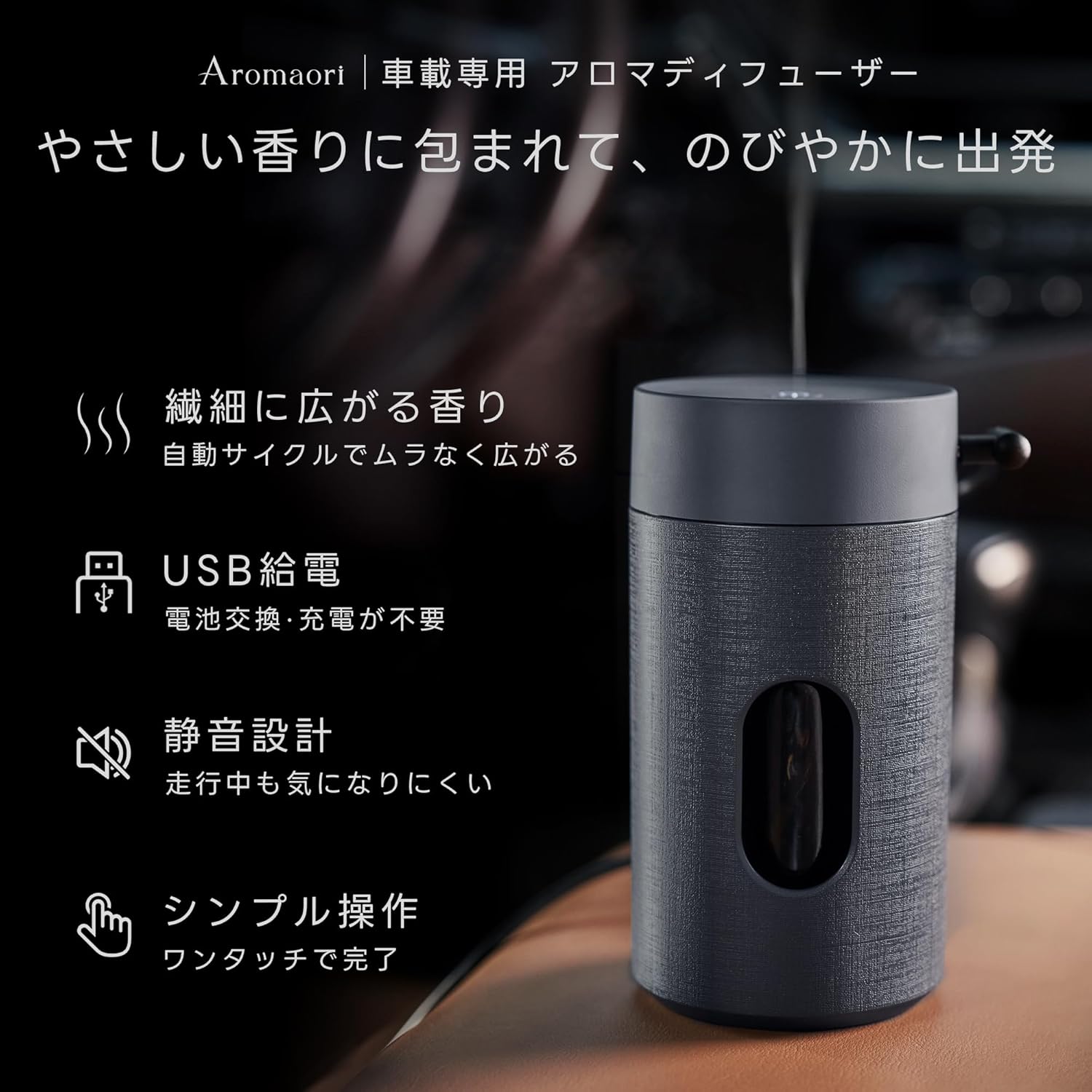Aromaori 車用アロマディフューザーの使用シーンを紹介する商品画像