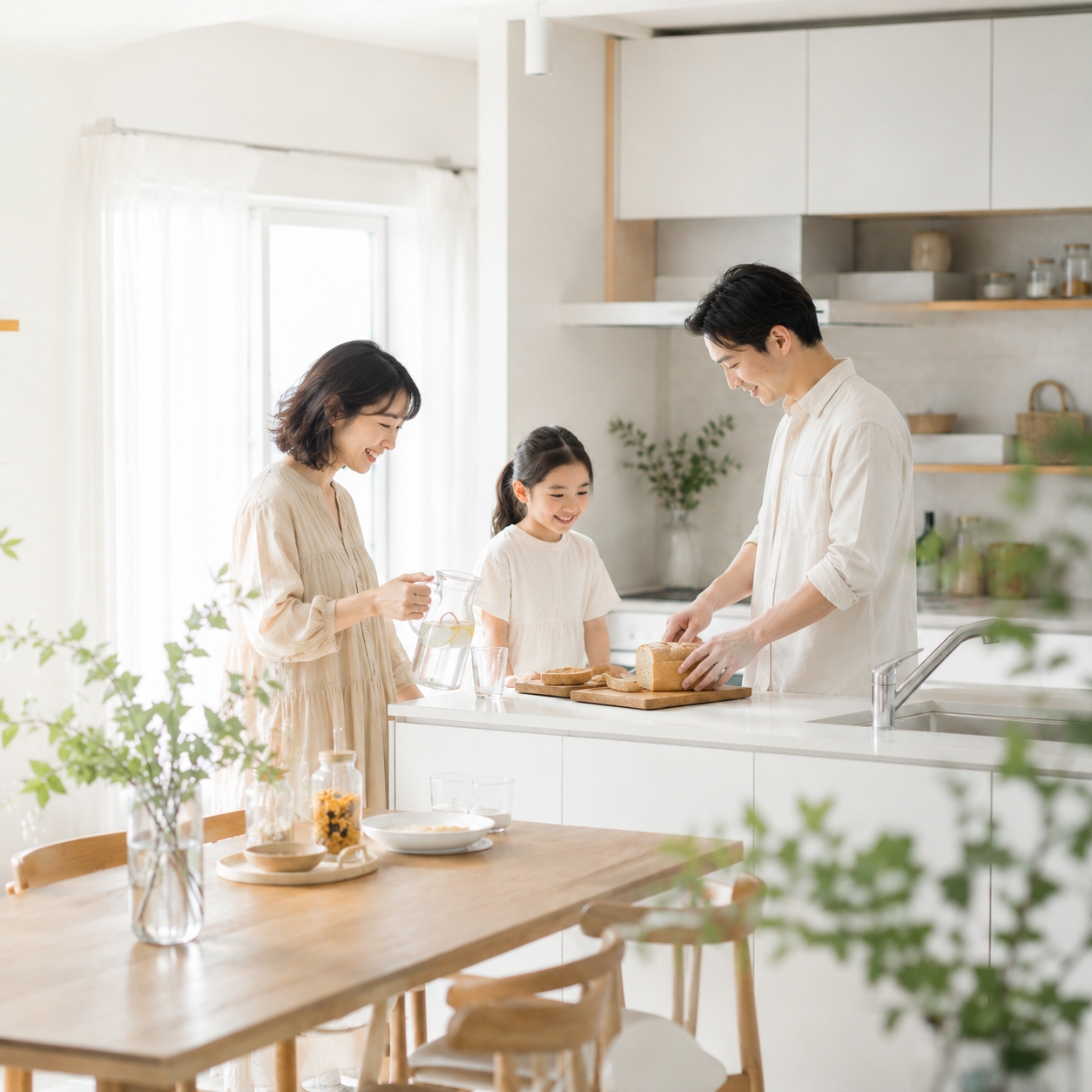 Family in a bright home kitchen